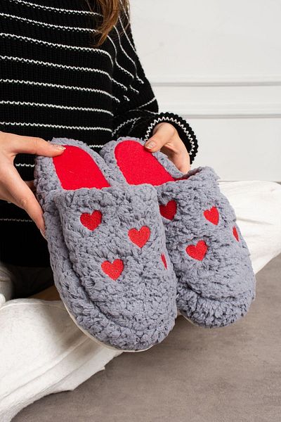 STOCON Red Embroidered Heart Fluffy House Slippers - Dowry Bundle Slippers Valentine's Day