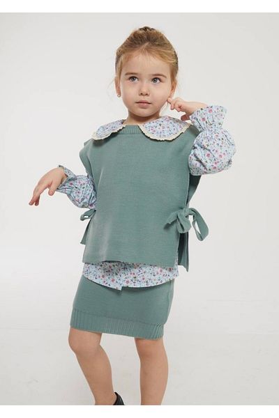 Pinkitokids Mint Floral Print Shirt and Knitwear Sweater-Skirt Set