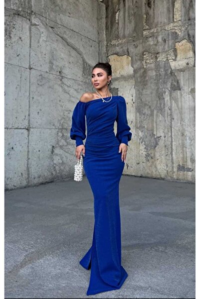 HESİODOS Silvery Larcivert Evening Dress with One Shoulder Detail
