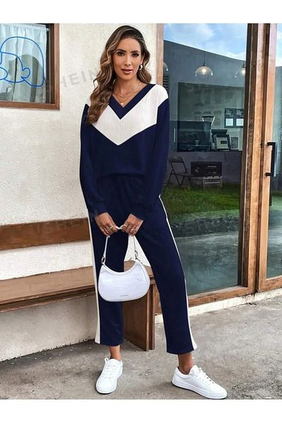 npLStore Women's V-Neck Stripe Sweatshirt Sweatpants 3 Thread Double Set