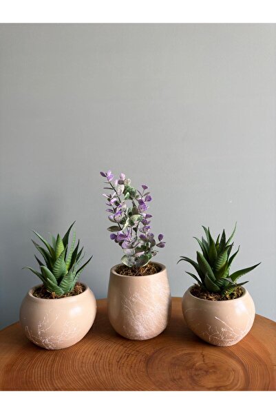 odka Yapay Bitkili 3lü Saksı Seti Taş Beyaz Mermer Desenli