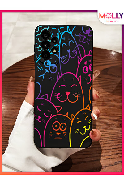 Molly Samsung Galaxy A73 İçin Siyah Rainbow Sevimli Kediler Desenli Silikon K...