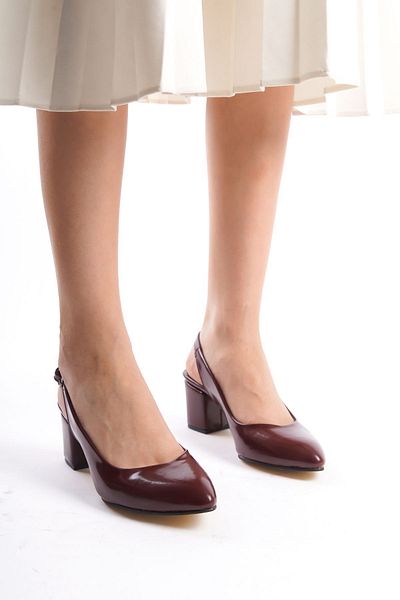 YASEMİN Women's Cherry Red Claret Red Patent Leather Open Back Buckle 6 cm Thick Heel Shoes - Fleur