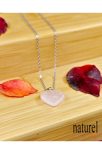 Naturel Tılsım Natural Stone Pink Quartz Heart Stainless Steel Chain Necklace