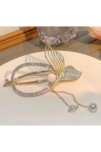 Rachel Gold Crystal Stone Pearl Dangle Curved Bun Buckle