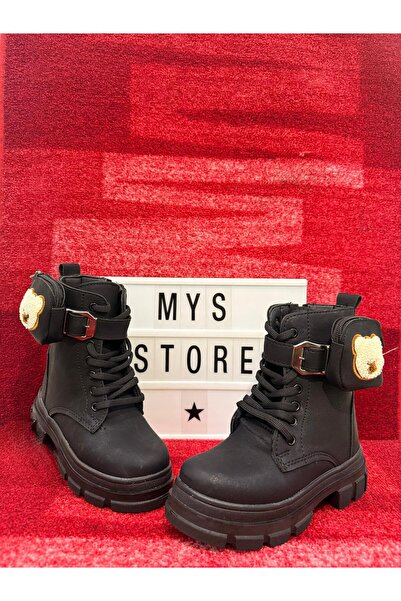 MYSSTORE Kız Çocuk Ayı Oyuncaklı Siyah Bagcıklı Fermuarlı Cüzdanlı İçi Yünlü Bot