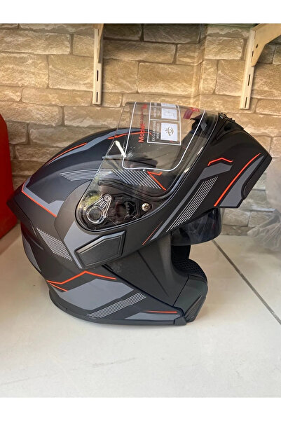 baskan motor Çene Açılır Güneş Vizörlü Turuncu Desen Kask