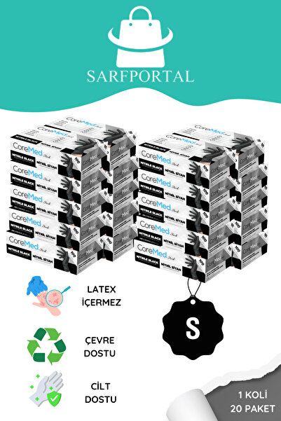 COREMED Siyah Nitril Muayene Eldiveni Pudrasız 1 Koli 20 Paket - Small