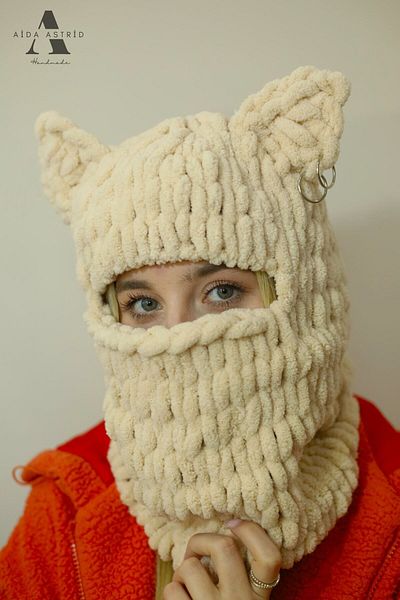 AidaAstrid Animal Figured Puffy Beanie Cat Ear Snow Mask Ski&snowboard Balaclava Knit Beanie Knit Hat