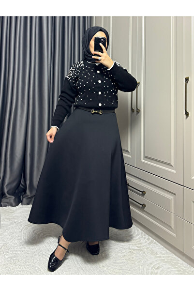 PAKİZE BUTİK Kadın Puf Scuba Tesettür Siyah Kloş Etek