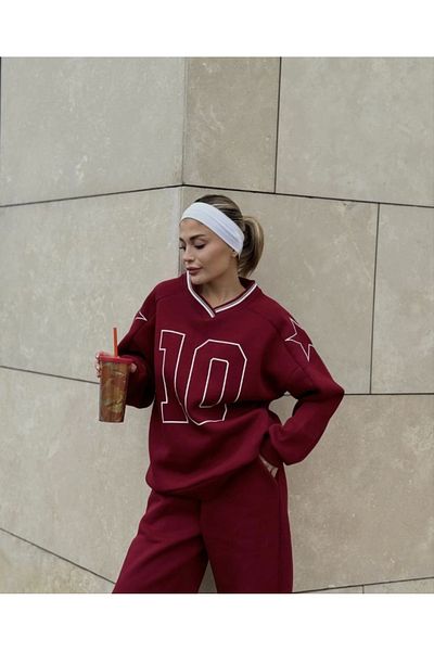 Simala Women's V-Neck Three Thread Sweat Set - Burgundy