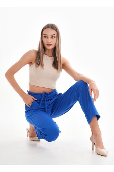 DEVRİMAY TEKSTİL Women's Saks High Waist Full Lycra Pockets Elastic Waist Carrot Cut Crepe Pants
