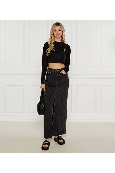 Calvin Klein Tricoturi de damă cu gât rotund din elastan CK Tricou negru cu imprimeu J20J 224991 -BEH