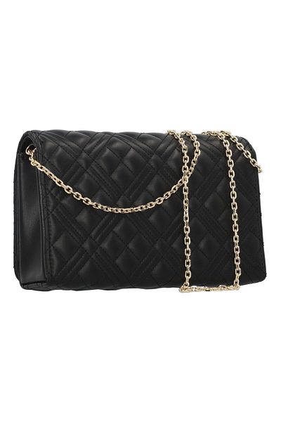 Love Moschino حقيبة كتف نسائية من الجلد الأسود بتفاصيل خياطة وسلسلة وشعار ذهبي وحزام كتف Jc4079pp1mla0-000