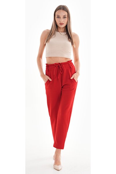 DEVRİMAY TEKSTİL Women's Red High Waist Full Lycra Pocket Elastic Waist Carrot Cut Crepe Pants