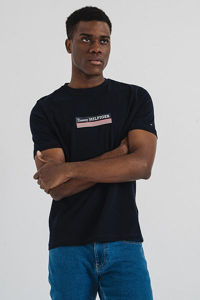 Tommy Hilfiger Men's Blue Crew Neck Printed T-Shirt - Short Sleeve Mw0Mw38079-Dw5