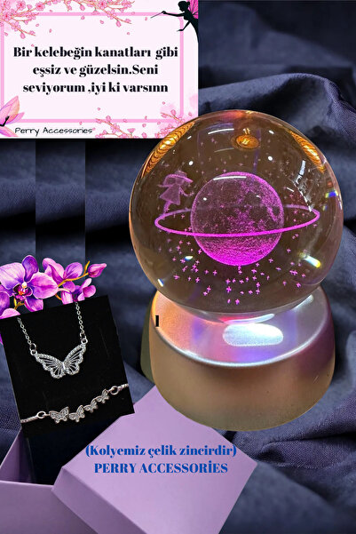 Perry Accesories 3d Satürn Kız Renk Değiştiren Küre Ve Çelik Kelebek Kolye Ve...