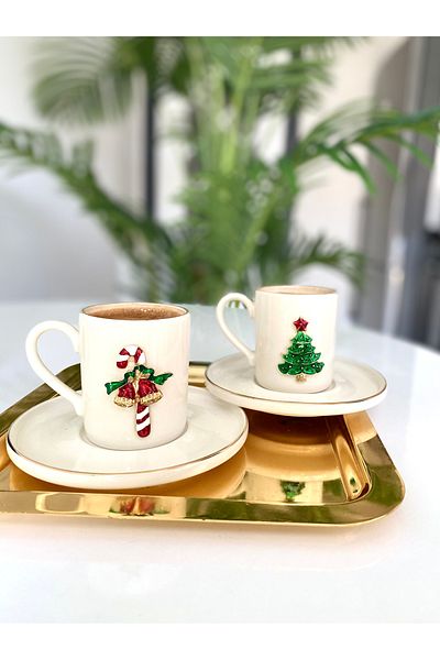 Sillage Home New Year's Coffee Cup Set for 2 People, New Year's Cup Set for 2 People 4 Pieces