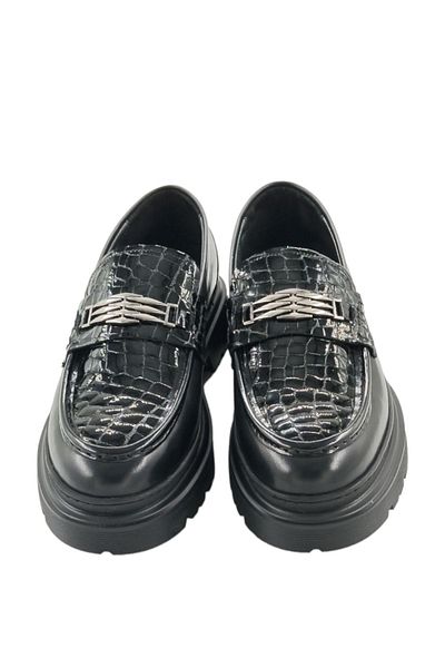 MİLONEK 20241308451   Men's Black Crocodile-Aniline Loafer - Casual Buckle Shoes