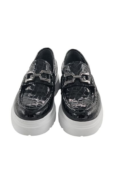 MİLONEK 20241308221   Men's Black Loafer - Crocodile with Buckle and White Sole