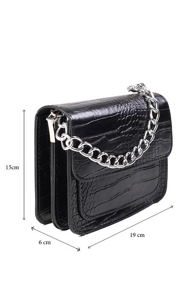 Mio Gusto Black Color Crocodile Patterned Small Size Women's Hand and Shoulder Bag