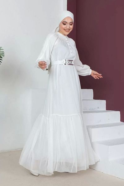 PHELDA Άνετο βραδινό φόρεμα Hijab με ζώνη 746-λευκό
