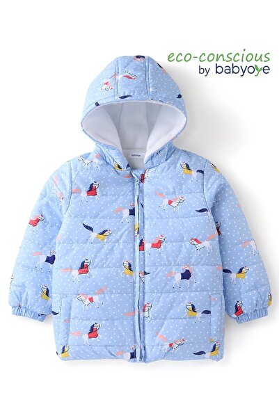Babyoye جاكيت Babyoye مبطن بغطاء للرأس ومطبوع عليه حصان بأكمام طويلة - أزرق فاتح