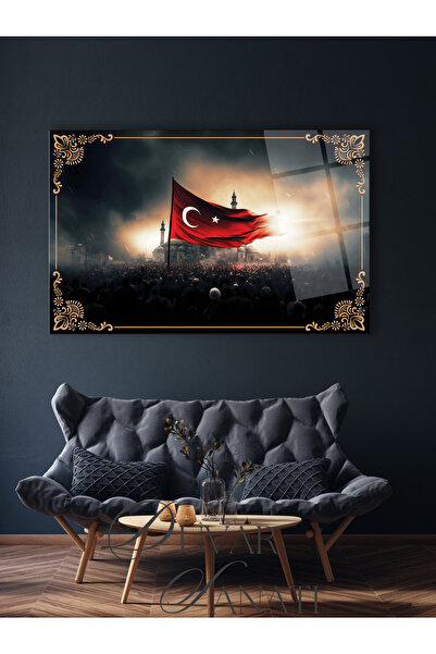 duvarsanatı Dalgalanan Türk Bayrağı ve Cami Cam Tablo , Modern Ev Ofis Salon Duvar Dekoru Büyük Tablo ,Hediyelik