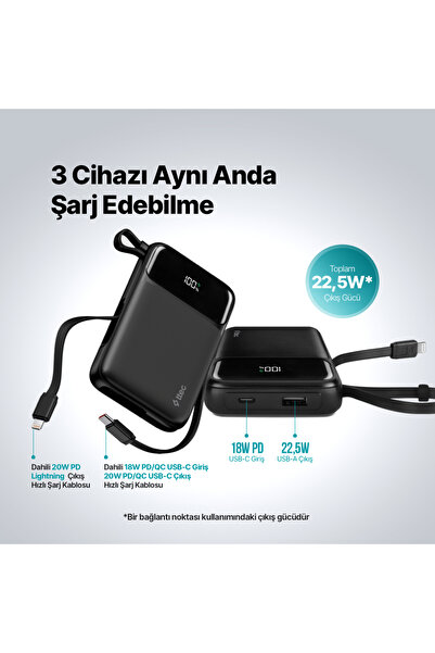 Ttec ReCharger Pro LCD 10.000mAh PD 22,5W Lightning ve USB-CDahili Kablolu Taşınabilir Hızlı Şarj Aleti