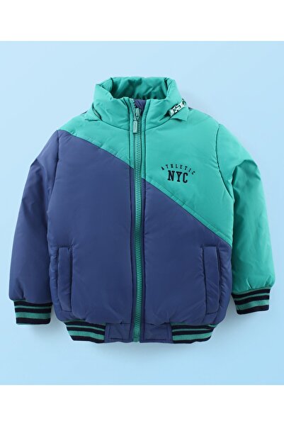 Babyhug Babyhug Woven Full Sleeves Padded Hooded Jacket With Cut & Sew Design & Text Detailing - Teal Blue