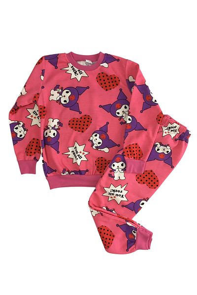 Arya Nisa Kids Girls Two Thread Raster Pink-Purple Kuromi Heart Pattern Long Sleeve Pajamas Set