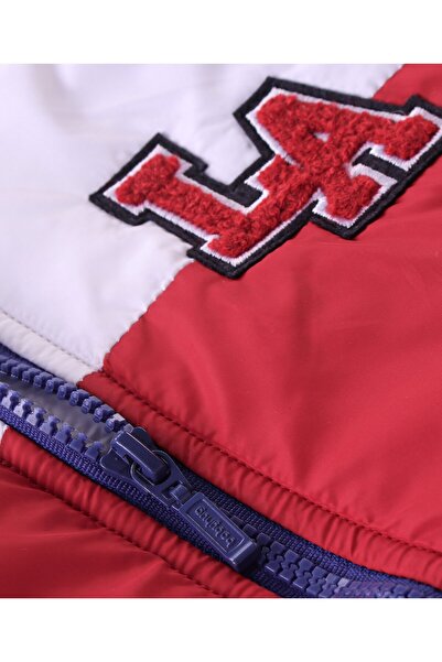 Babyhug Babyhug Full Sleeves Padded & Hooded Jacket Color Block With Text Embroidery- Blue Red & White