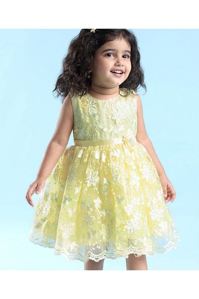 Babyhug Woven Sleeveless Flare Party Frock With Floral Embroidery & Corsage - Yellow