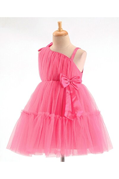 Babyhug Sleeveless Mesh Party Frock with Bow Applique -  Magenta