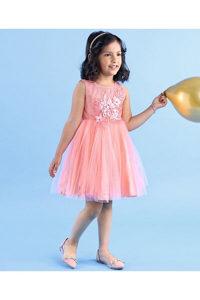 Babyhug Sleeveless Frock With Lace Applique - Peach