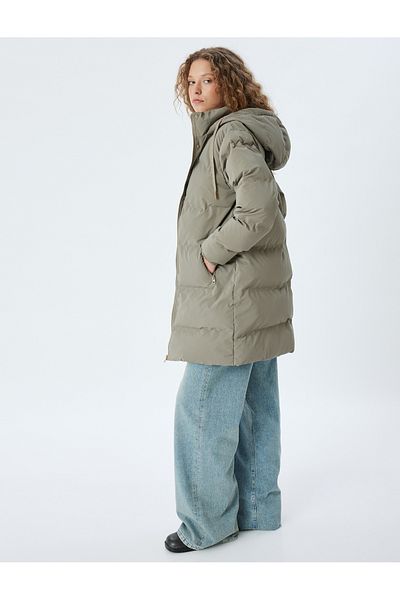 Koton Long Inflatable Coat Hooded Zipper Pocket Detailed Snap Button Water Repellent