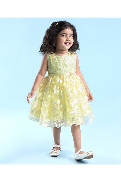 Babyhug Woven Sleeveless Flare Party Frock With Floral Embroidery & Corsage - Yellow