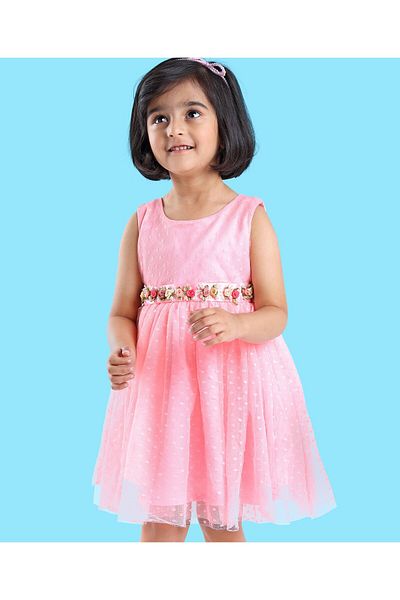 Babyhug Sleeveless Party Wear Frock With Corsage  - Pink