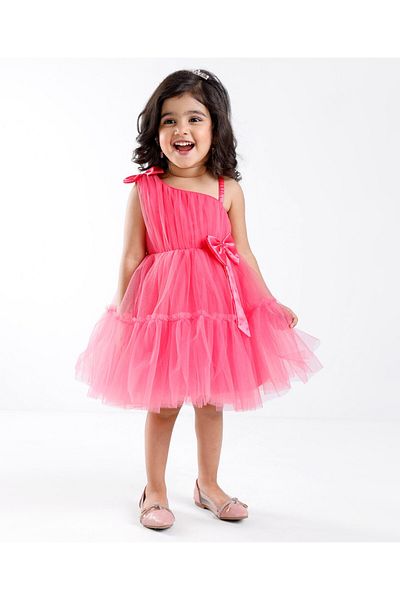 Babyhug Sleeveless Mesh Party Frock with Bow Applique -  Magenta