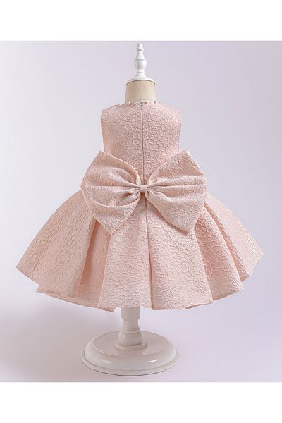 Kookie Kids Kookie Kids Pearl Embellished Bow Front Textured Party Dress - Pink