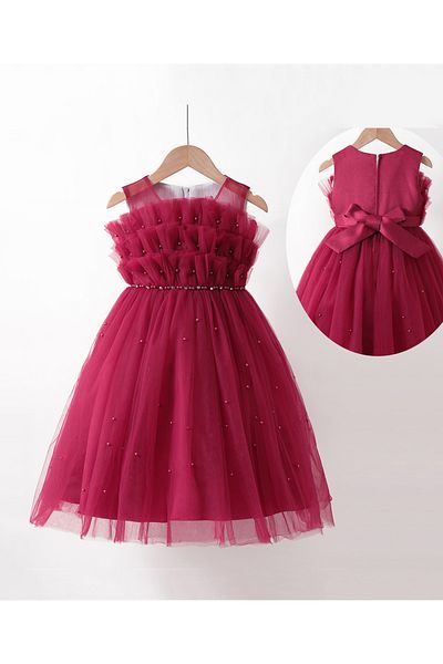Kookie Kids Pearl Embellished Party Dress - Red