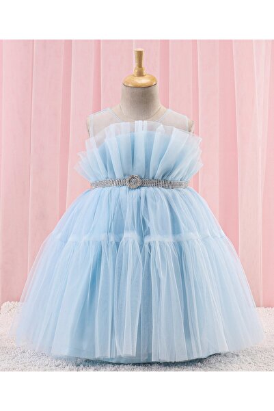 Babyhug Sleeveless Solid Color Mesh Party Frock - Light Blue