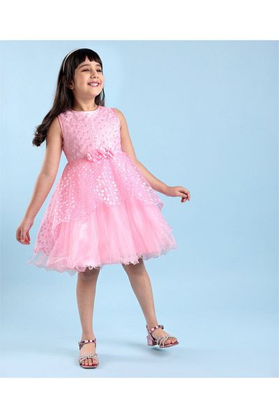 Babyhug Sleeveless Embroidered Party Frock with Floral Applique -  Light Pink