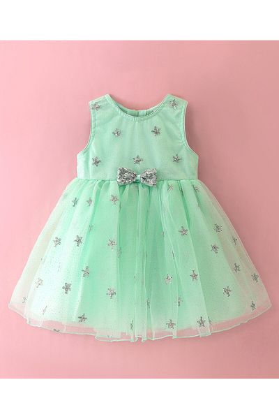 Babyhug Babyhug Sleeveless Party Frock with Sequinned Star Embroidery - Mint