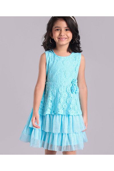 Babyhug Mesh Sleeveless Embroidery Frock - Sky Blue