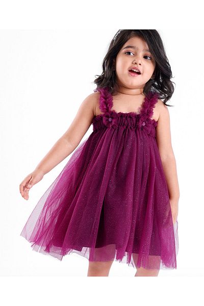 Babyhug Babyhug Singlet Sleeves Mesh Detailing A-Line Glittery Party Frock - Purple