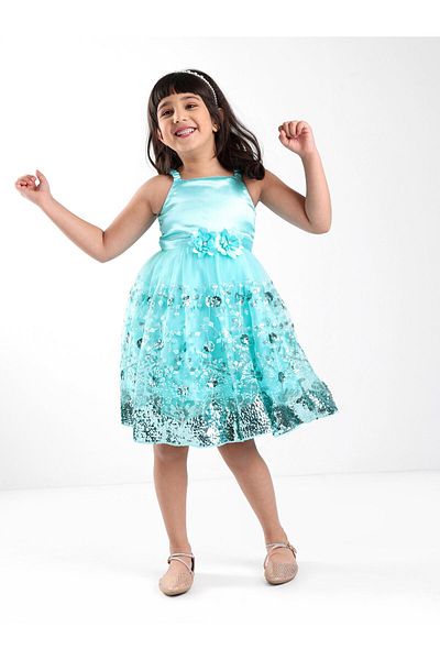 Babyhug Babyhug Sleeveless Party Frock With Floral Applique & Sequine Detailing - Green