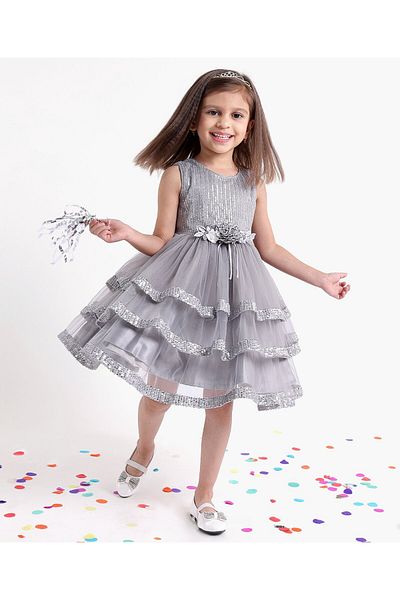 Babyhug Sequined Party Frock - Grey