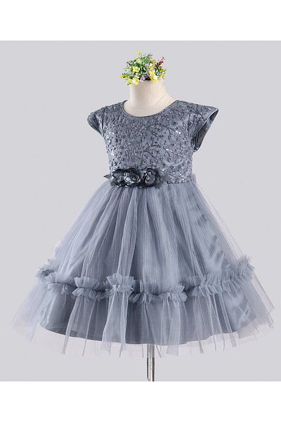 Babyhug Sleeveless Party Wear Frock With Floral Corsage and Sequin Embroidery - Grey