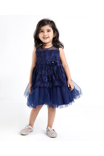 Babyhug Babyhug Sleeveless Party Frock With Floral Applique - Navy Blue